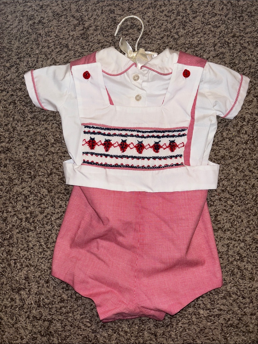 White & Red Smocked Infant 2 Piece Bubble with Ladybug Embroidery